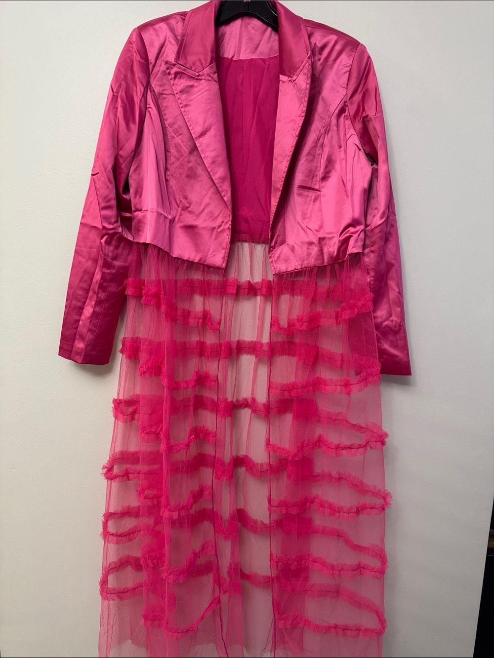 Hot Pink Long Sheer Tulle Blazer Jacket - Picture 4 of 9